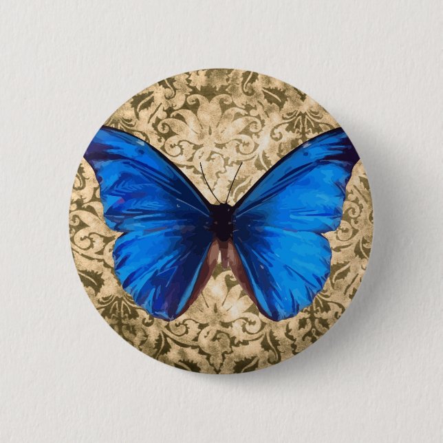 Blaue Monarchschmetterlingsmaube Vintage Kunst Button (Vorderseite)