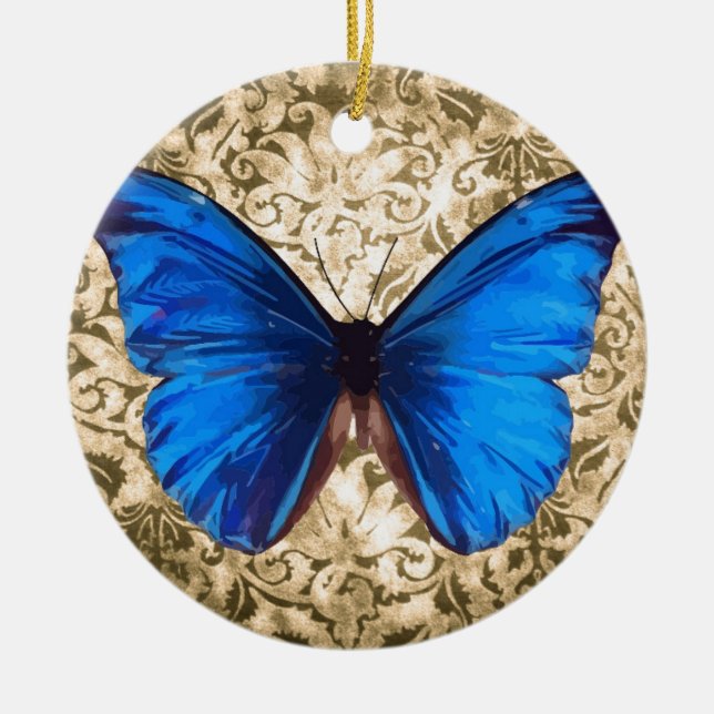 Blaue Monarchschmetterlingsmaube Vintage Kunst Keramik Ornament (Vorne)