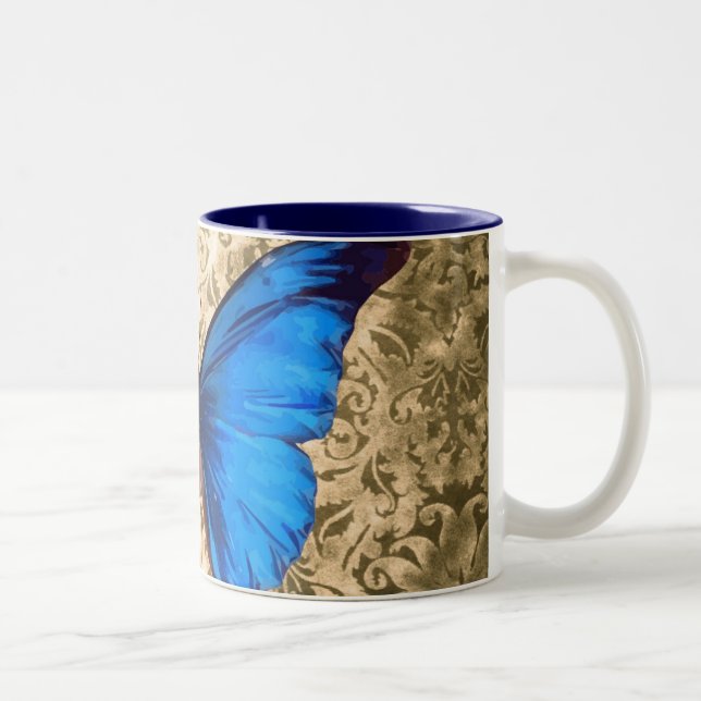 Blaue Monarchschmetterlingsmaube Vintage Kunst Zweifarbige Tasse (Rechts)