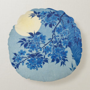 Blaue mondbeschienene Baum: Japanische Kirschblüte Rundes Kissen