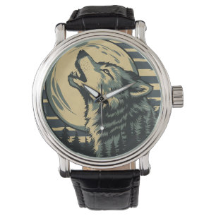 Blaue Mondkunst des heulenden Wolfes Armbanduhr
