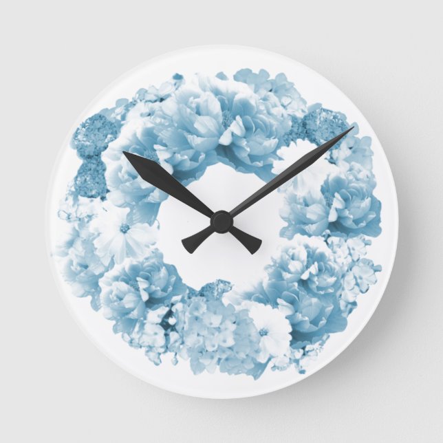 Blaue monochrome Wreath-Blumenuhr Runde Wanduhr (Vorderseite)