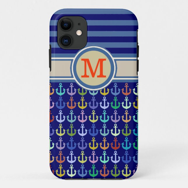 Blaue Monogramm, Anker und Streifen Case-Mate iPhone Hülle (Rückseite)