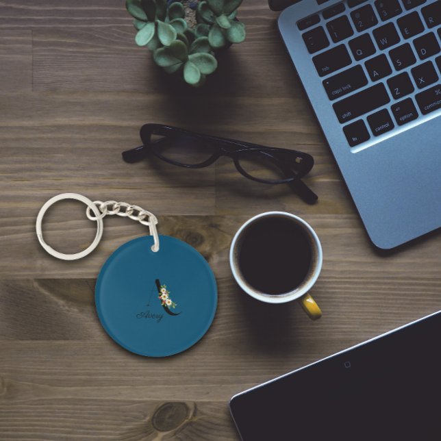 Blaue monogramm-Aquarellfarben-Blume Akryllischer  Schlüsselanhänger (Von Creator hochgeladen)