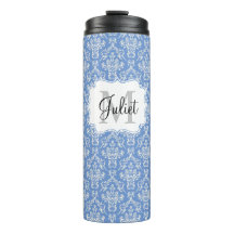 Blaue Monogramm Damaskus Muster Thermaltumbler