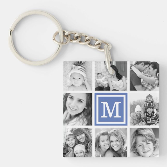 Blaue Monogramm-FotoCollage Schlüsselanhänger (Vorderseite)