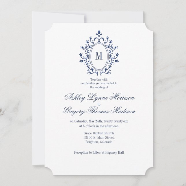 blaue Monogramm-Hochzeitseinladung Einladung (Vorderseite)