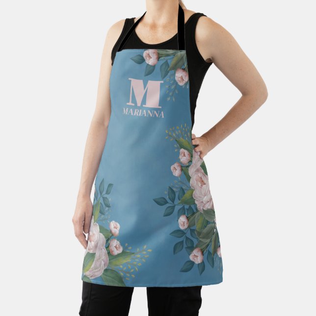 Blaue Monogramm personalisierte rosa florale Rosen Schürze (InSitu)