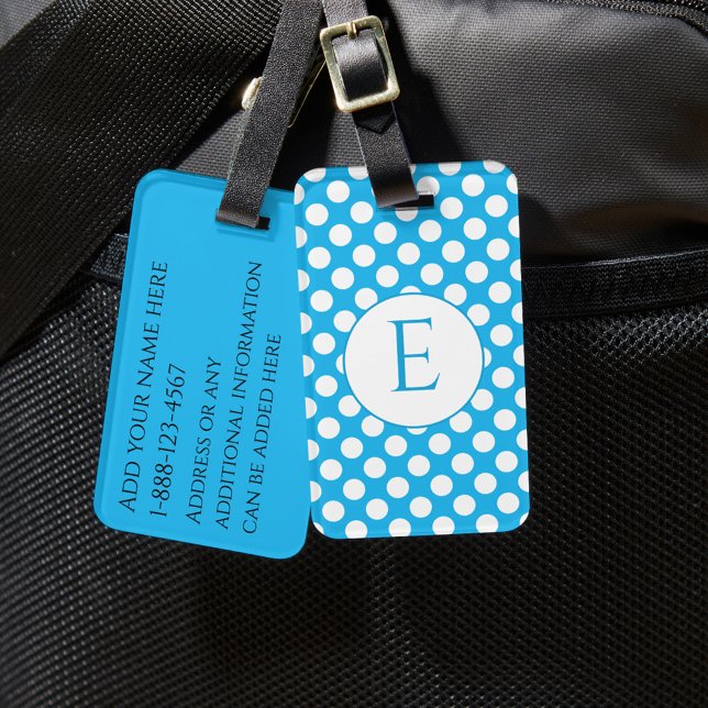 Blaue Monogramm-Polka-Punkte in hellen Farben Gepäckanhänger (Von Creator hochgeladen)