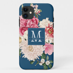 Blaue Monogramm Vintage Floral Pfingstrose Wirbel Case-Mate iPhone Hülle