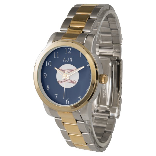 Blaue monogrammierte Baseballuhr als Geschenk Armbanduhr (Schrägansicht)