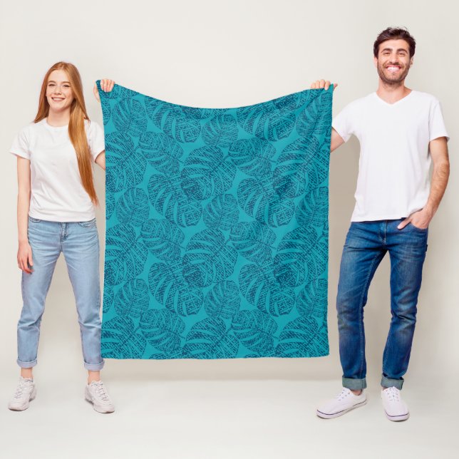 Blaue Monstera-Blätter. Fleecedecke (Beispiel)