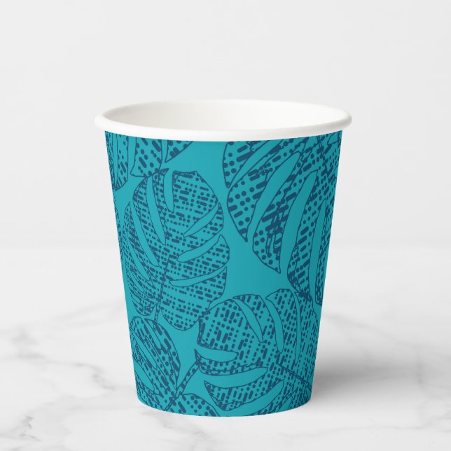 Blaue Monstera-Blätter. Pappbecher (Vorderseite)