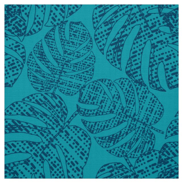 Blaue Monstera-Blätter. Stoff (Muster)