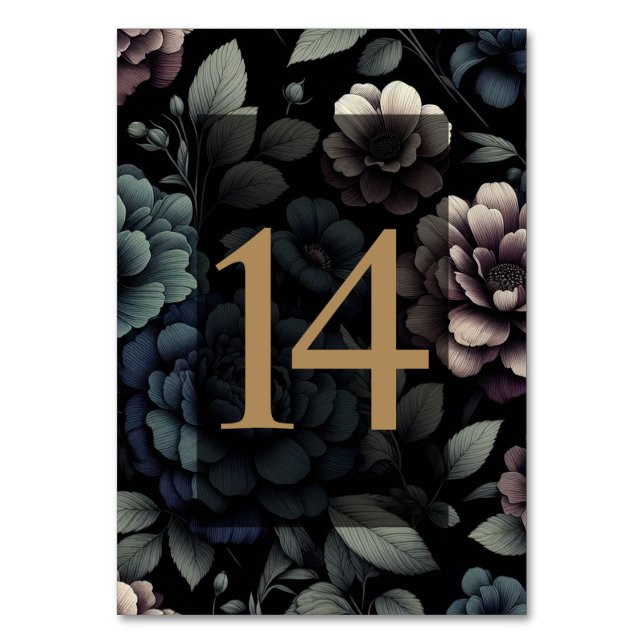 Blaue Moody-Blumenkarte 14 Tischnummer (Vorderseite)