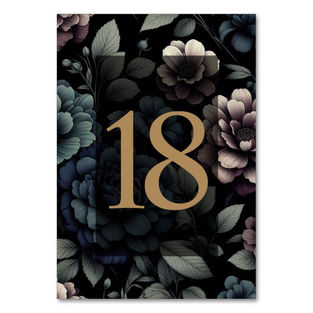 Blaue Moody-Blumenkarte 18 Tischnummer (Vorderseite)