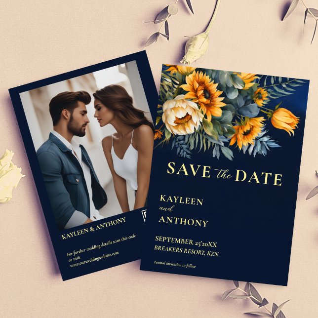Blaue Moody-Vorlage für rustikale Sonnenblumen Save The Date (Navy blue moody rustic sunflowers fall summer wedding photo template save the date card)