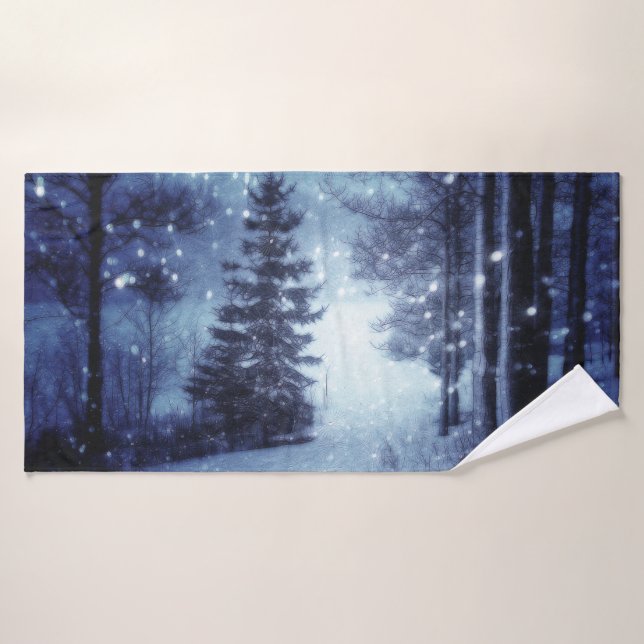 Blaue Moonlit Magische Wälder Winterlandschaft Badhandtuch Set (Badehandtuch)