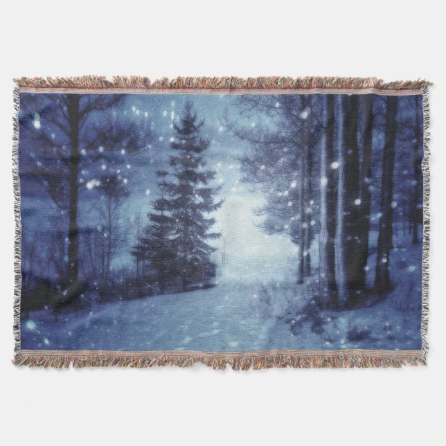 Blaue Moonlit Magische Wälder Winterlandschaft Decke (Vorderseite)