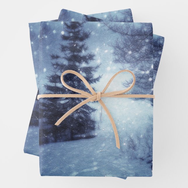 Blaue Moonlit Magische Wälder Winterlandschaft Geschenkpapier Set (Beispiel)