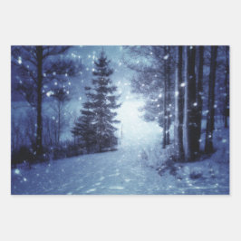 Blaue Moonlit Magische Wälder Winterlandschaft Geschenkpapier Set