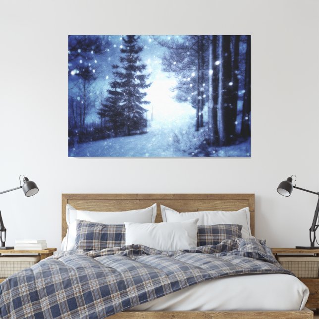 Blaue Moonlit Magische Wälder Winterlandschaft Leinwanddruck (Insitu (Schlafzimmer))