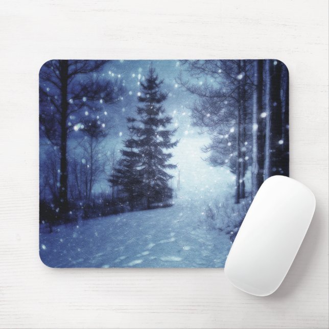 Blaue Moonlit Magische Wälder Winterlandschaft Mousepad (Mit Mouse)