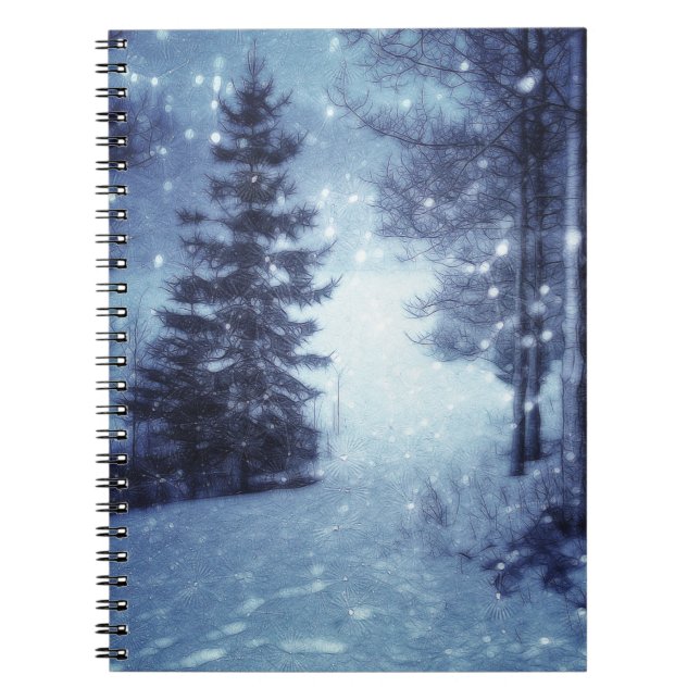 Blaue Moonlit Magische Wälder Winterlandschaft Notizblock (Vorderseite)