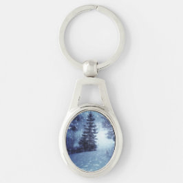 Blaue Moonlit Magische Wälder Winterlandschaft Schlüsselanhänger