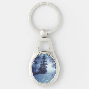 Blaue Moonlit Magische Wälder Winterlandschaft Schlüsselanhänger