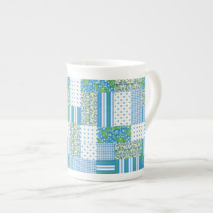 Blaue Morning Glory Faux-Patchwork-Bone-China-Tass Prozellantasse