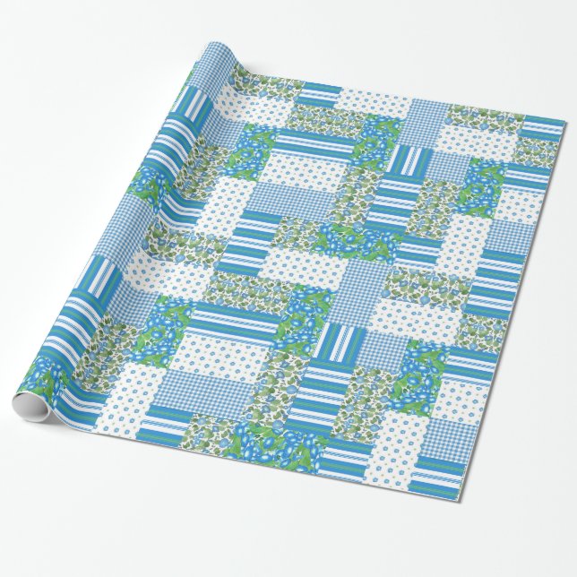 Blaue Morning Glory Faux-Patchwork-Geschenkpapier Geschenkpapier (Ungerollt)