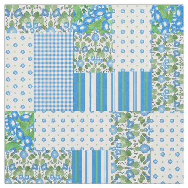 Blaue Morning Glory Faux-Patchwork-Muster Stoff (Muster)