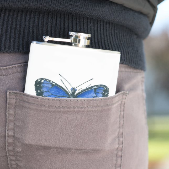 Blaue Morpho-Schmetterling-Aquarellmalerei Flachmann (Beispiel)