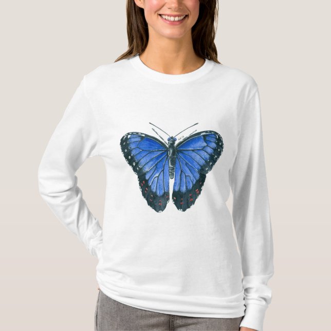 Blaue Morpho-Schmetterling-Aquarellmalerei T-Shirt (Vorderseite)