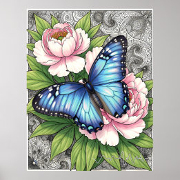  Blaue Morpho-Schmetterling Florale Botanische Kun Poster