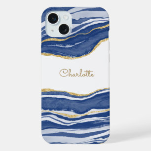Blaue Murmeln-Achat-Gold-Glitter personalisiert iPhone 15 Plus Hülle