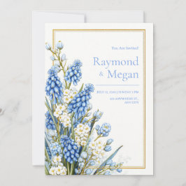 Blaue Muscari Weiße Blüten Goldrahmen Hochzeit Einladung