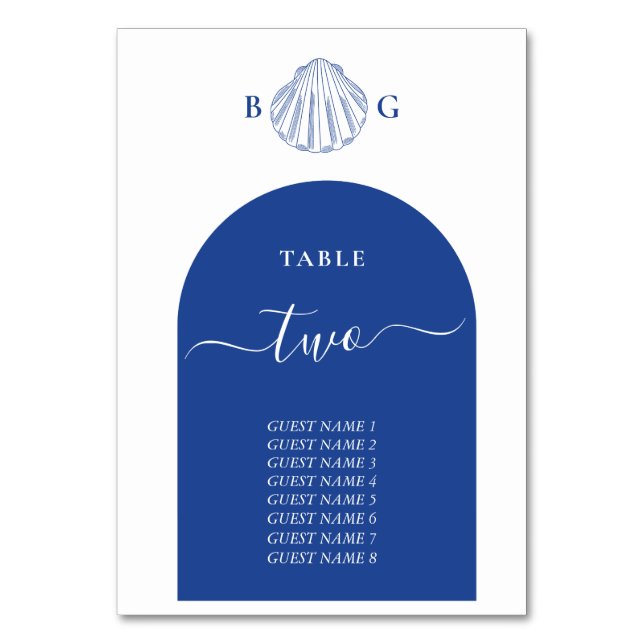 Blaue Muschel Strand Hochzeit Tischnummer (Vorderseite)