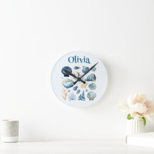 Blaue Muschel-Wanduhr Benutzerdefinierter Name Runde Wanduhr