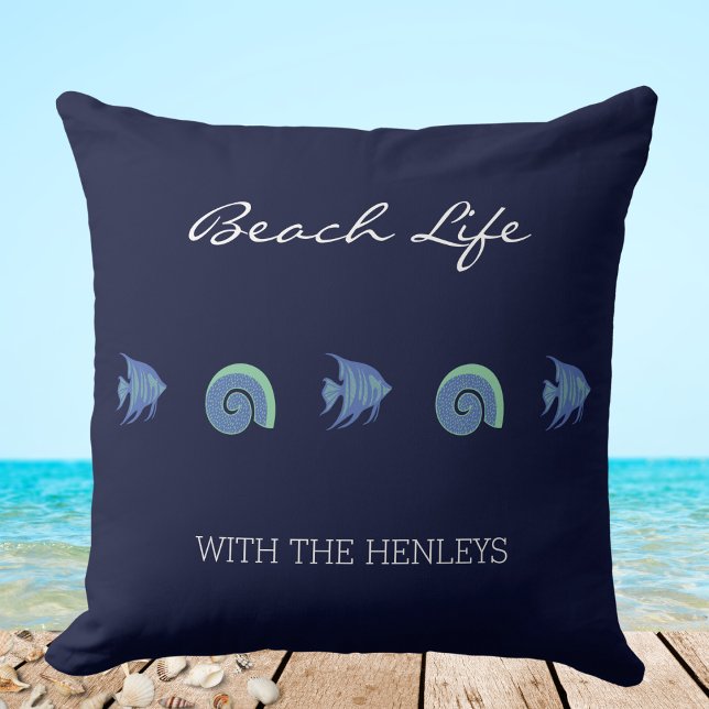 Blaue Muscheln Fischen Familienname Beach House Kissen (Von Creator hochgeladen)
