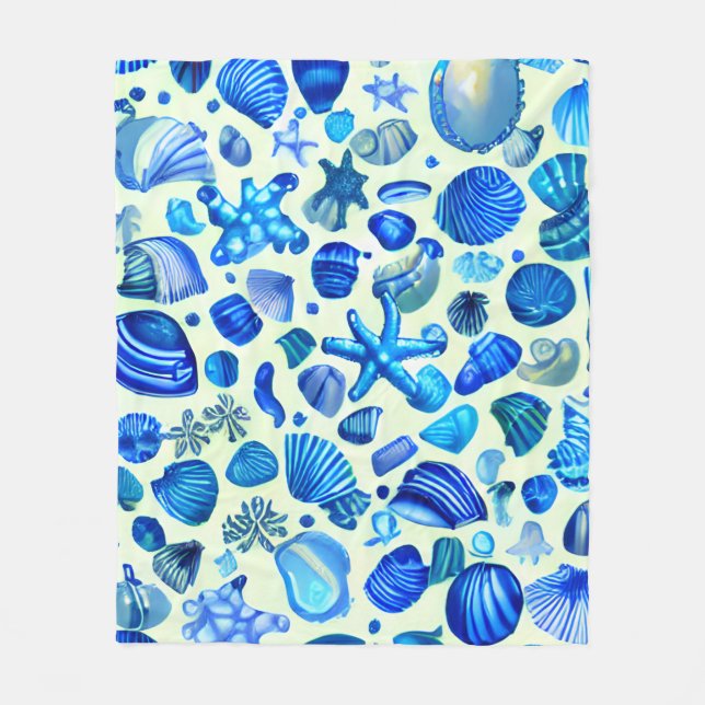 Blaue Muscheln Ozeanmuster Fleecedecke (Vorderseite)