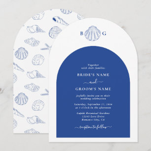 Blaue Muschelschalen Küstenstrand Hochzeit Einladung