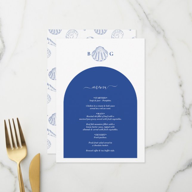 Blaue Muschelschalen Küstenstrand Hochzeit Menükarte (Vorderseite/Rückseite Beispiel)