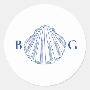 Blaue Muschelschalen Küstenstrand Hochzeit Runder Aufkleber