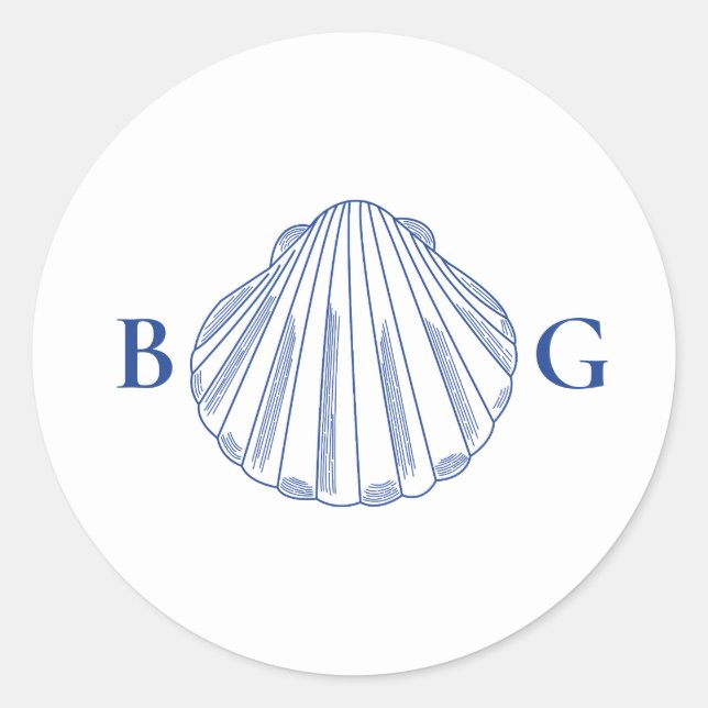 Blaue Muschelschalen Küstenstrand Hochzeit Runder Aufkleber (Vorderseite)