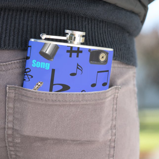 Blaue Musiknoten und -instrumente, Flachmann (Beispiel)
