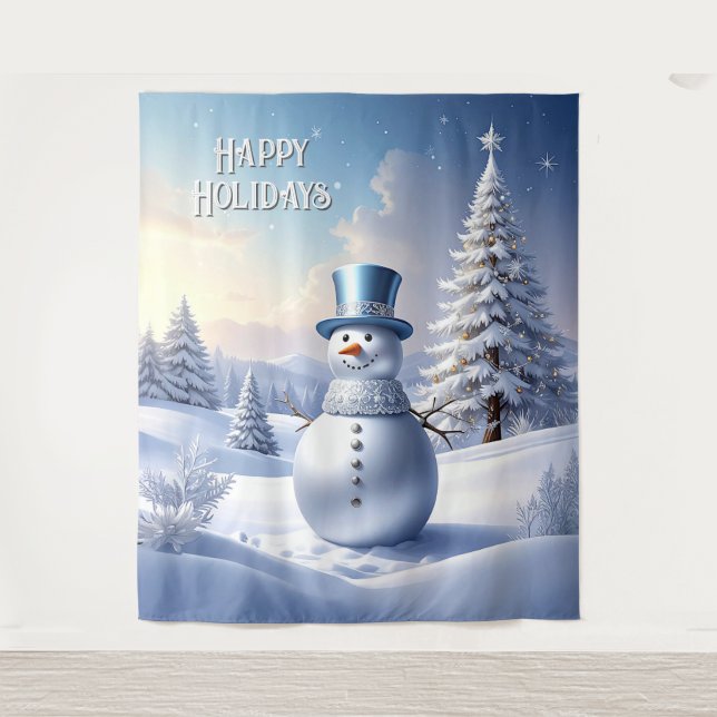 Blaue Mützen-Schneemann-Feiertags-Hintergrund Wandteppich (Vorderseite)