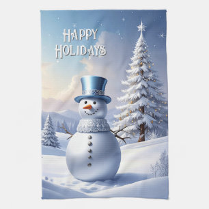 Blaue Mützen Schneemann Weihnachtsbaum Feiertag Geschirrtuch