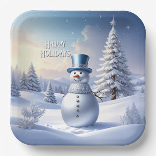 Blaue Mützen-Schneemann-Weihnachtsbaum-Feiertag Pappteller